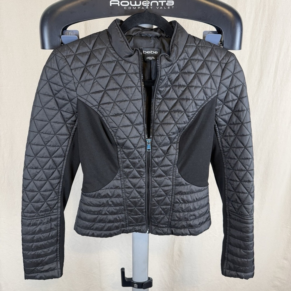 Bebe Black Ladies XS Quilted Short‎ Fitted Jacket With Knit Insets Moto Chic
